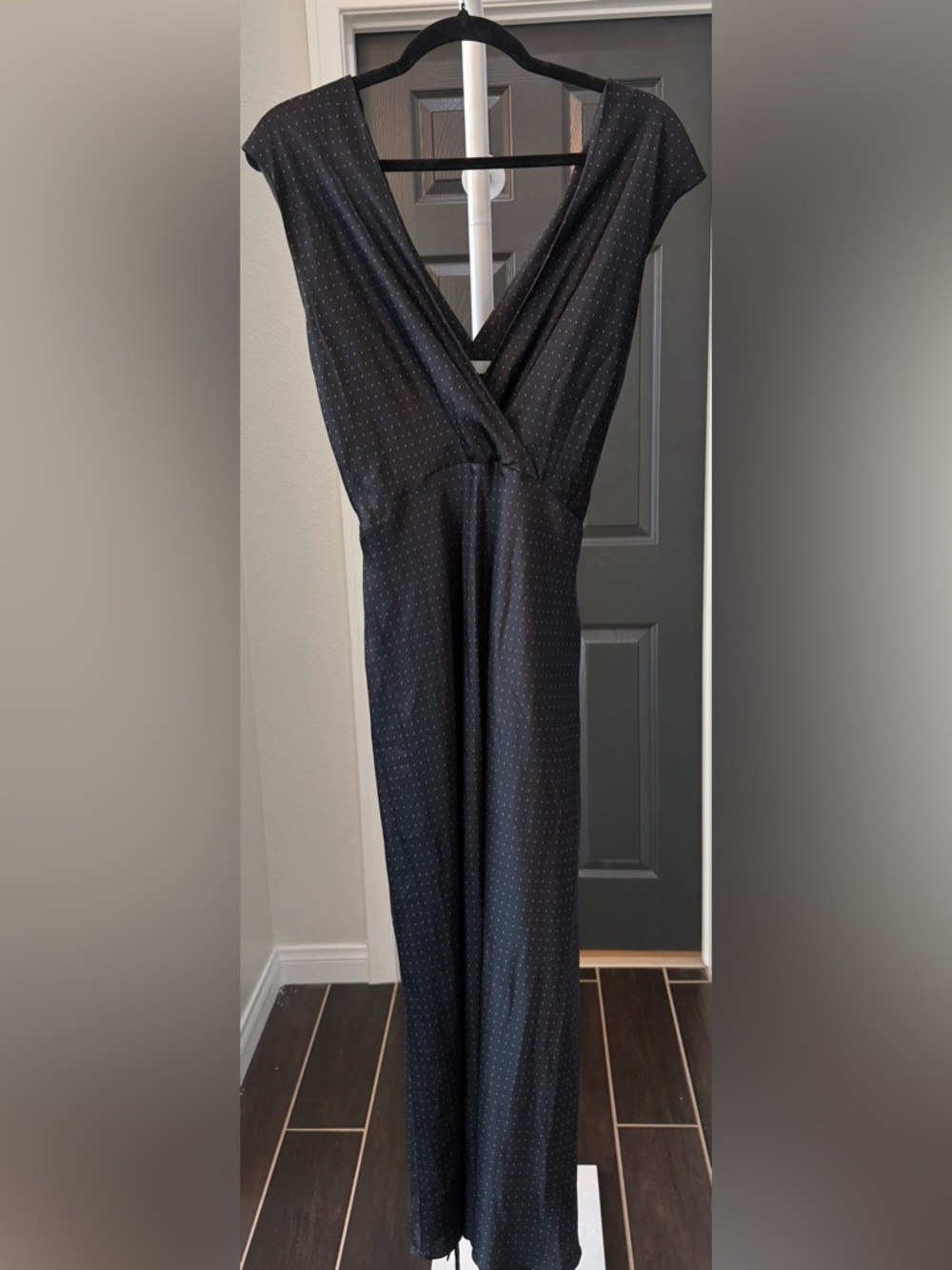 Vince Black Silk Midi Dress with White Micro Dot Print